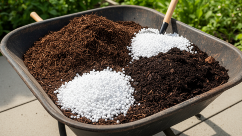 Close-up of hands mixing a 3:1:1 container potting mix with peat, perlite, and compost in a wheelbarrow