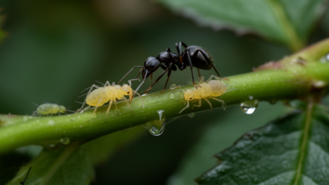 Close-up of ants farming aphids on a rose stem with sticky honeydew