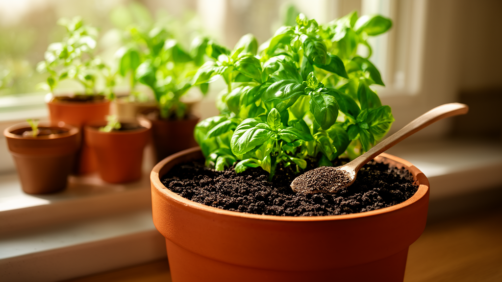 Container herbs growing in pots with compost and fertilizer