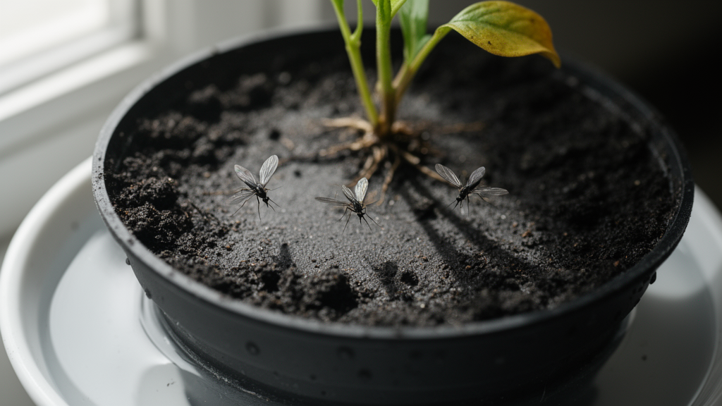 Fungus gnats are not the pest: a close-up of tiny dark flies hovering over dark, waterlogged soil in a container garden