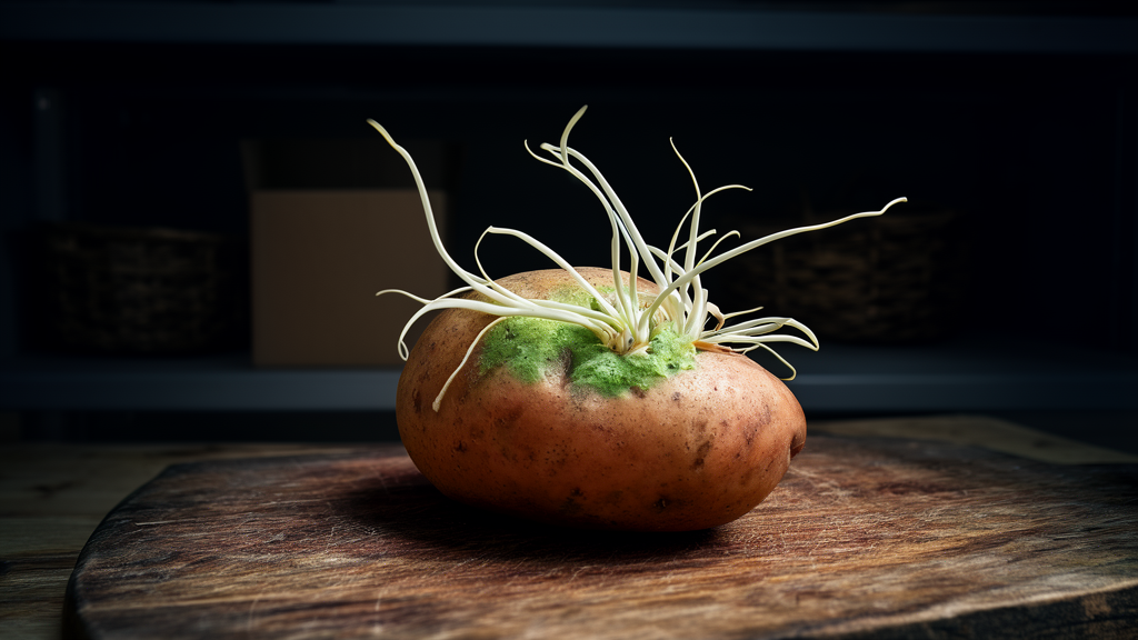 A close-up of a potato with green skin and pale sprouts on a wooden cutting board