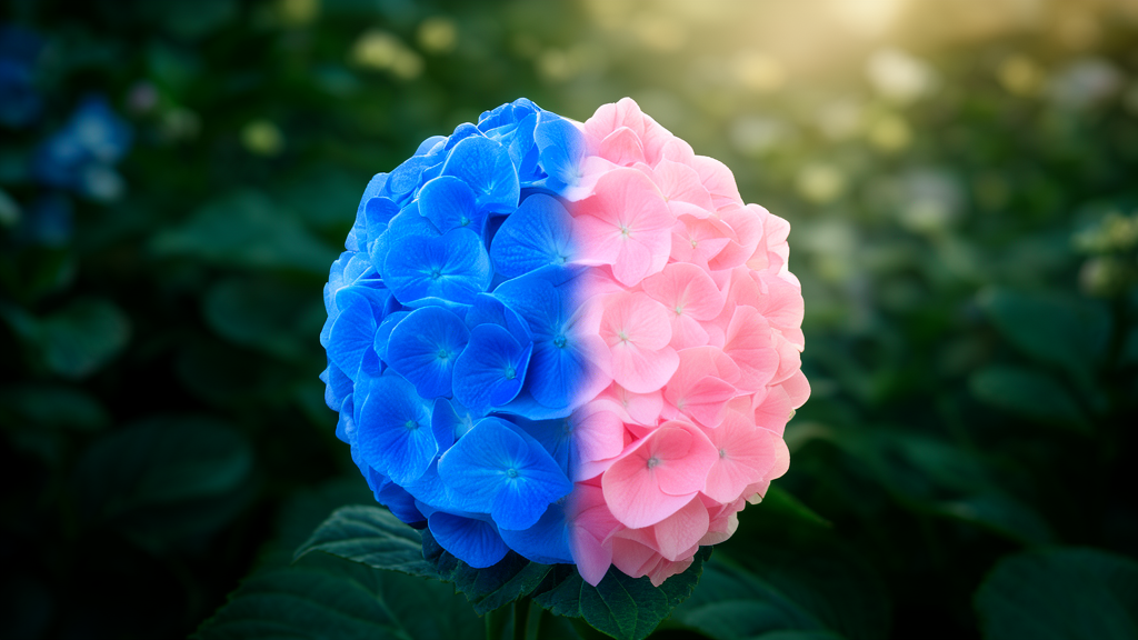 Close-up of blue and pink hydrangea macrophylla flowers showing color variation based on soil pH