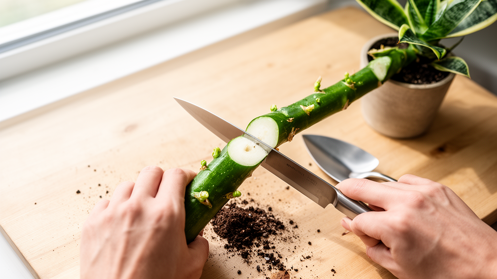 Close-up of a snake plant rhizome being divided with a clean blade, showing new shoots emerging from the underground stem.