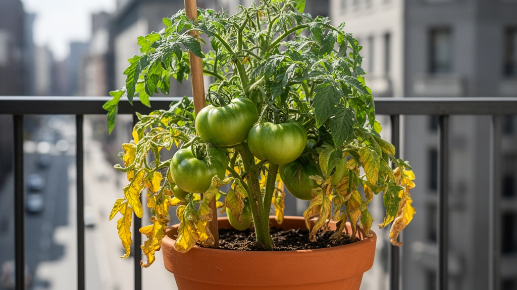 Yellowing tomato leaves on a plant heavy with green fruit