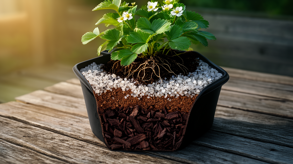 A close-up of a strawberry plant's roots in a container showing the contrast between dark compost and light perlite granules