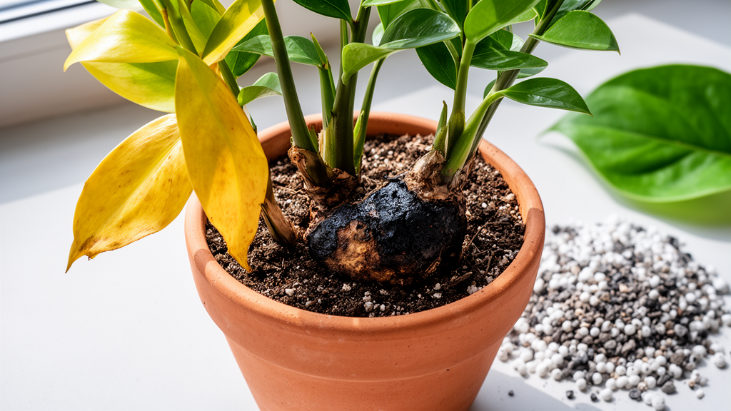 Close-up of a ZZ plant with yellowing lower leaves and a gritty soil mix in a ceramic pot